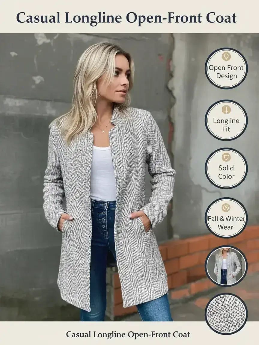 💝💝Women's Basic Solid Color Pocket Long Sleeve Open Front Fitted Coat Fabric, Casual Longline Outerwear for Fall & Winter, Ladies Clothes for Daily Wear, Everyday, Womenswear Clothing for Women