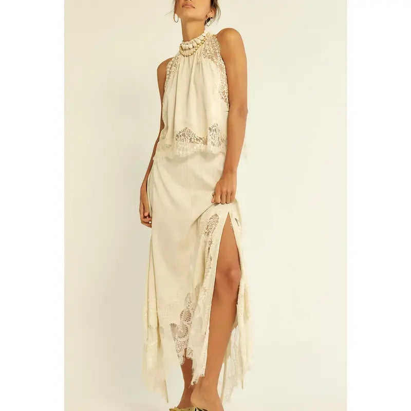 ✨ Women’s 2-Piece Satin Lace Set – Sleeveless Crop Top & A-Line Skirt