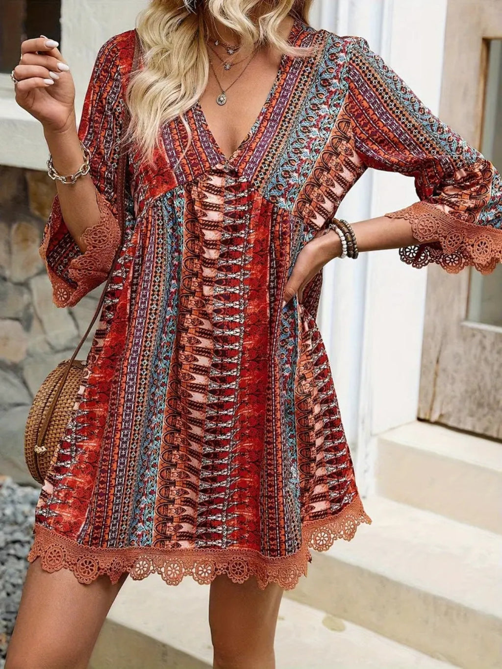 🌷🌷Lace Trim Printed V-Neck 3/4 Sleeve Dress（S-5XL）