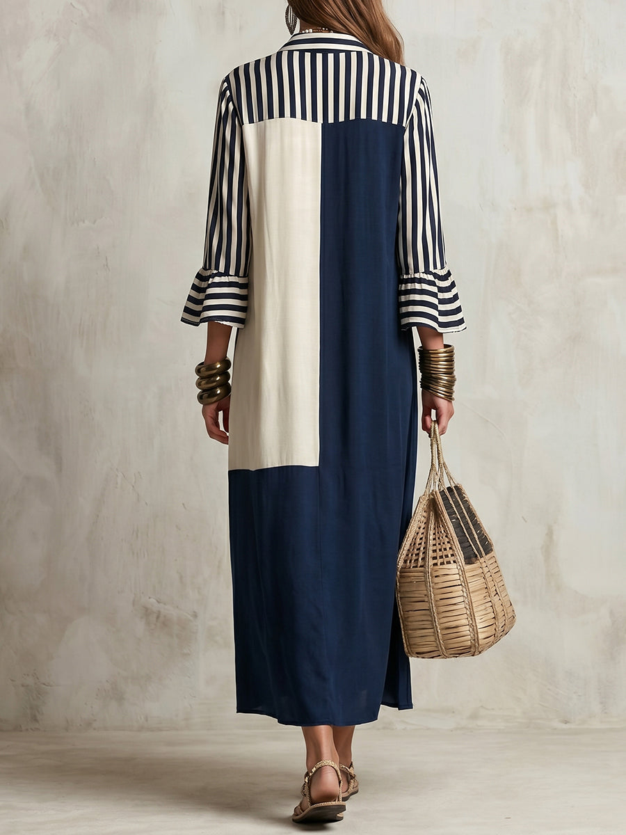 Women's Striped Spliced 3/4 Sleeves dress