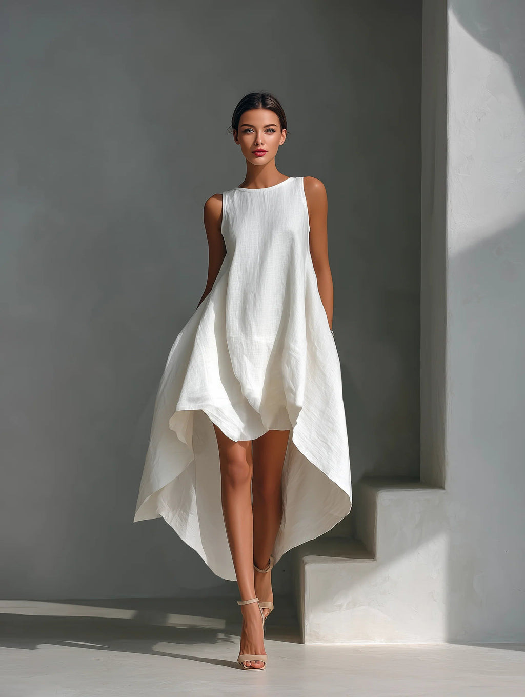 🌷🌷White Linen Asymmetric Dress