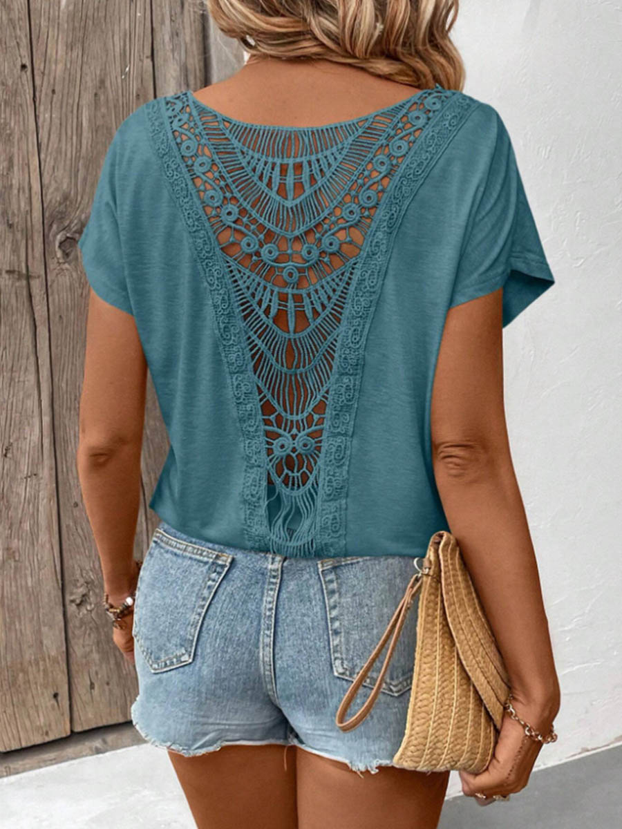 💝💝Women's Solid-color Round-neck Short-sleeve Top — Casual Loose-fit With Lace Splicing