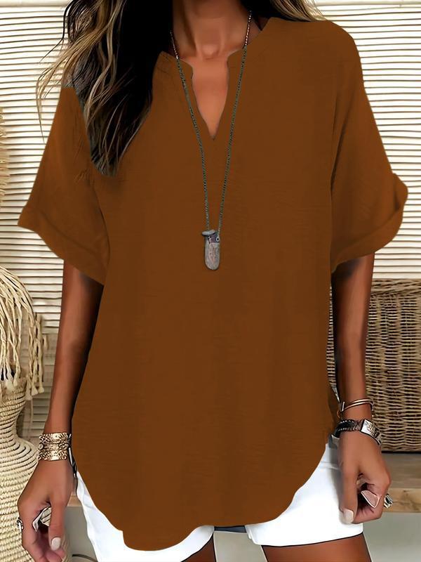 📦📦LAST DAY SAVE 49% ⏰Women's Plain Short Sleeve Blouse, Casual Solid Color Top for Daily Wear, Ladies Clothes for All Seasons