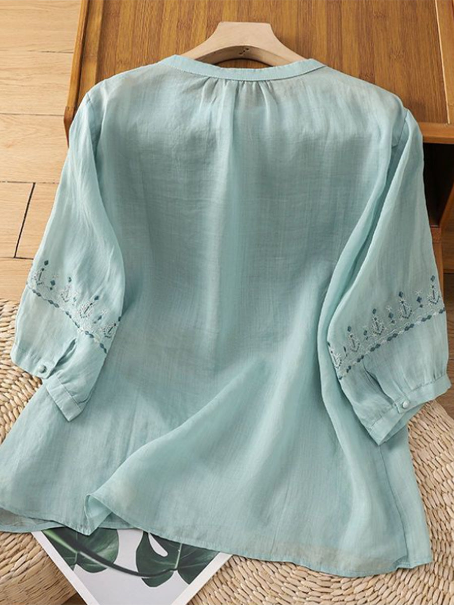 💝💝Embroidered, Artsy-retro Style, Pullover, 3/4-sleeve, Loose-fit Cotton-linen Shirt (lightweight)