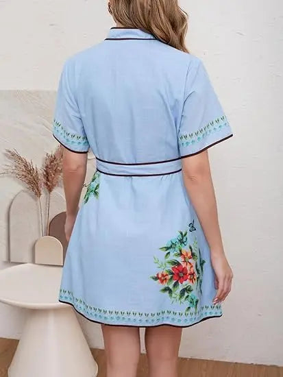 Women's Floral Linen Button Down Wrap Tie Knot Boho Beach Shirt Dress with Belt