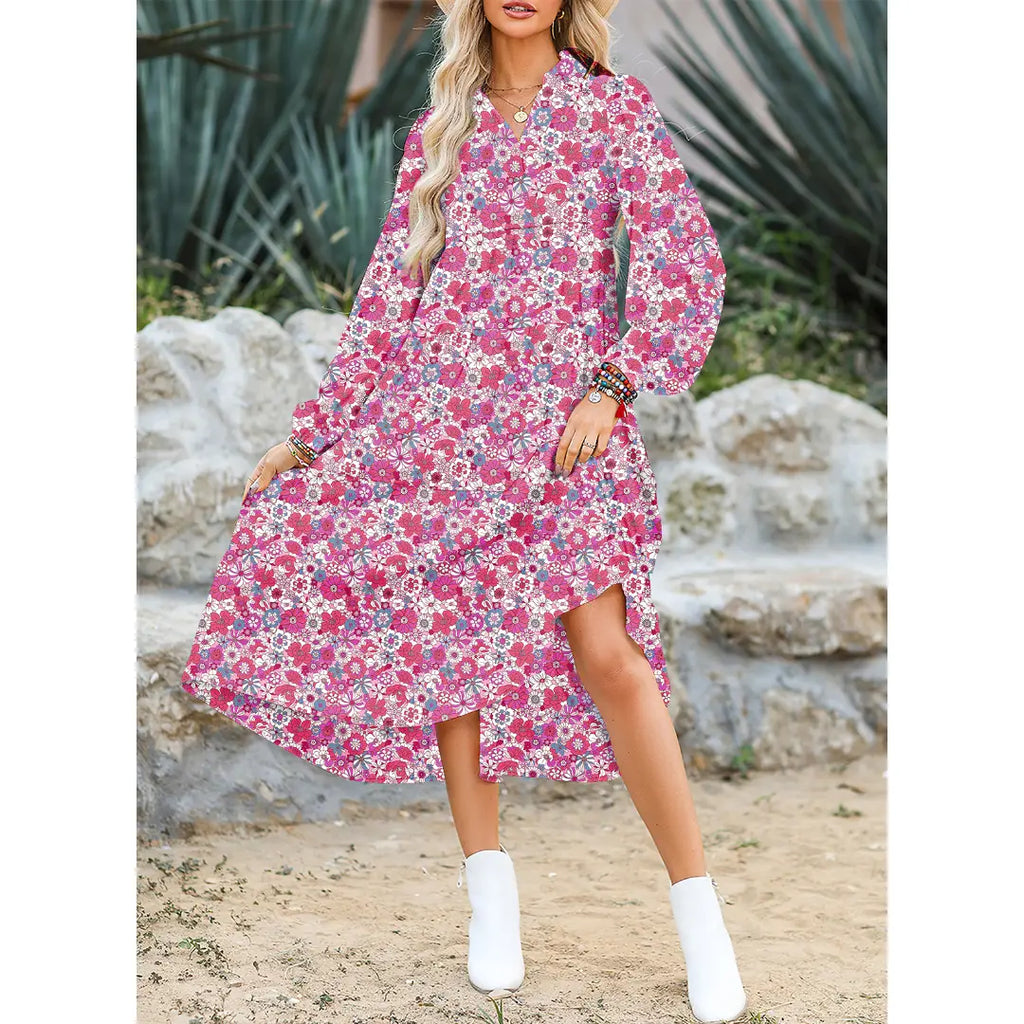 💝💝Dokotoo Women's Casual Bohemian Floral Dress 2026 V-Neck Long Puff Sleeve Midi Dress Soft Fabric Comfortable Summer Dress - Womenswear