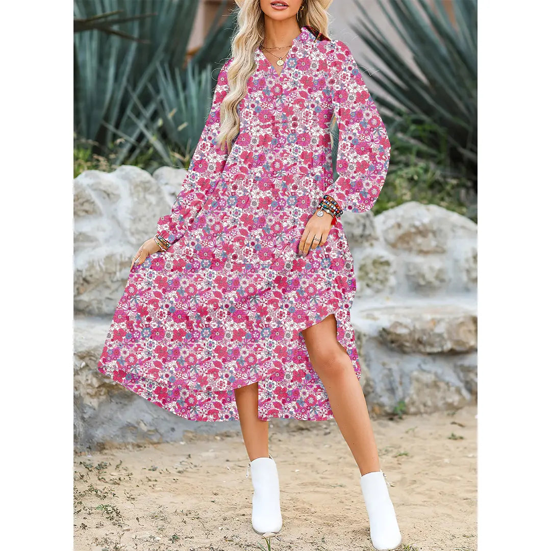 💝💝Dokotoo Women's Casual Bohemian Floral Dress 2026 V-Neck Long Puff Sleeve Midi Dress Soft Fabric Comfortable Summer Dress - Womenswear