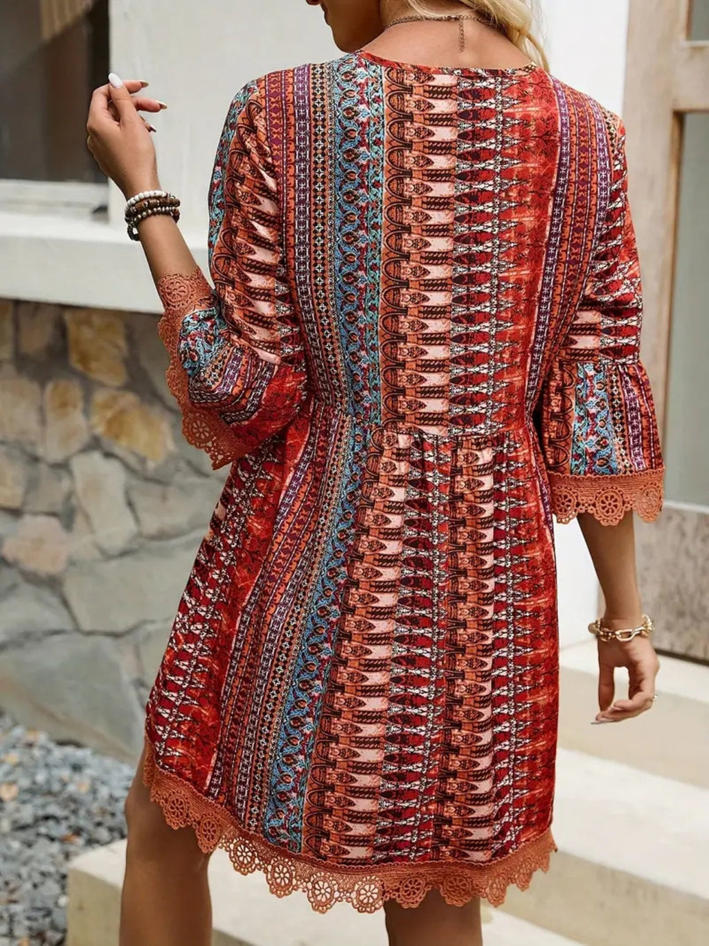 🌷🌷Lace Trim Printed V-Neck 3/4 Sleeve Dress（S-5XL）