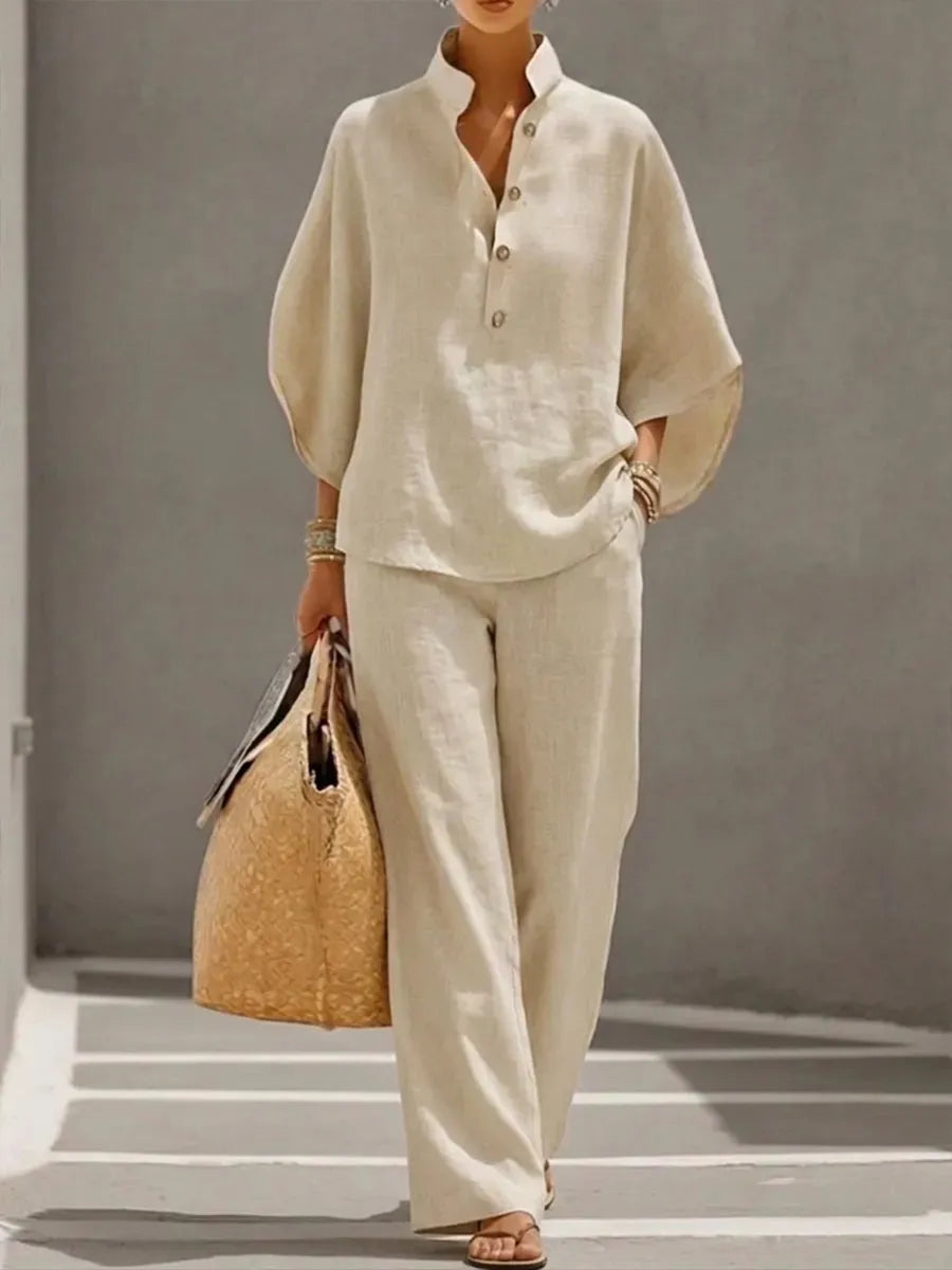 🌿🌿Women's Batwing Sleeve Two-Piece Set – Casual Shirt & Wide Leg Pants Outfit