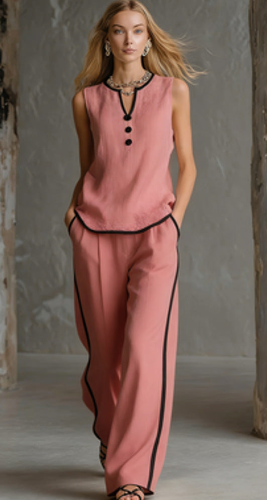Free Shipping-Cozy Black-trimmed Linen And Cotton Sleeveless Top And Pants Two-piece Set
