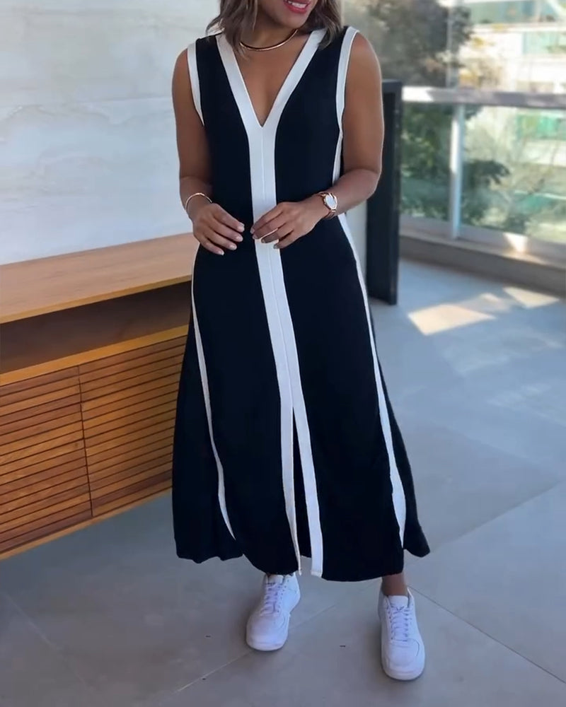 🎨 Colorblock V-Neck Sleeveless A-Line Dress – Casual Loose Fit ✨👗