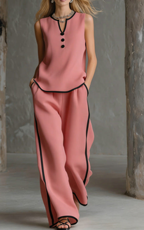 Free Shipping-Cozy Black-trimmed Linen And Cotton Sleeveless Top And Pants Two-piece Set