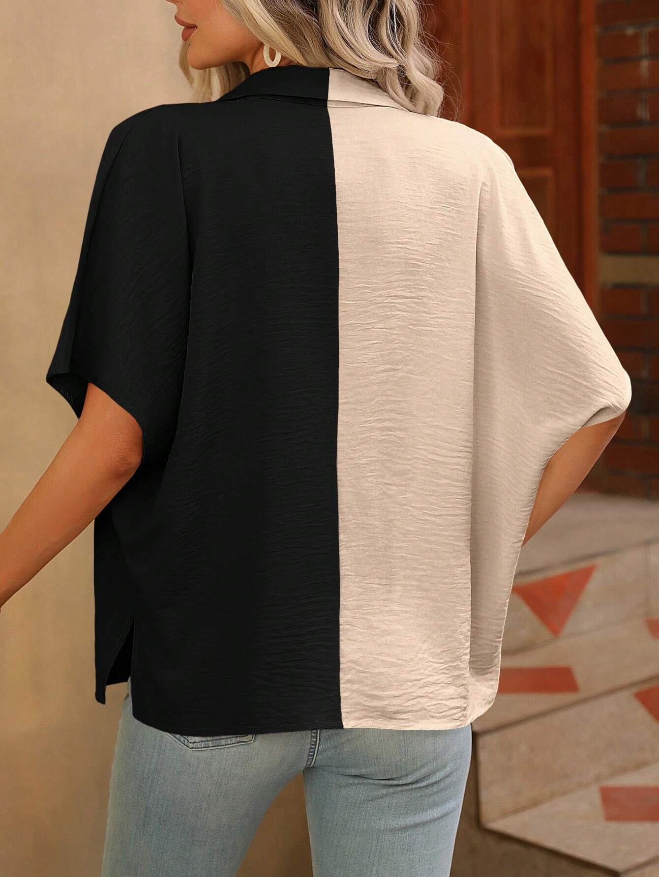 Women's Cozy Minimalist Solid-color Color Blocking V-neck 100% Cotton Shirt