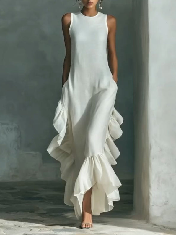 👗✨ Elegant Ruffled Hem Cotton Linen Maxi Dress – Flow & Comfort! 🌿
