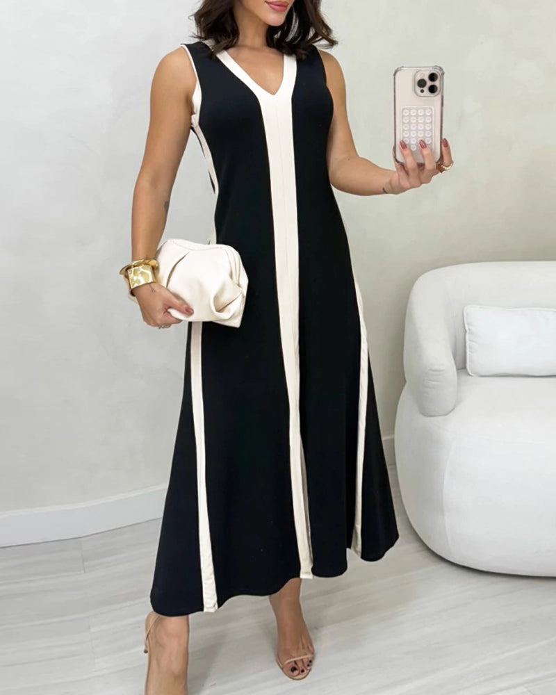 🎨 Colorblock V-Neck Sleeveless A-Line Dress – Casual Loose Fit ✨👗