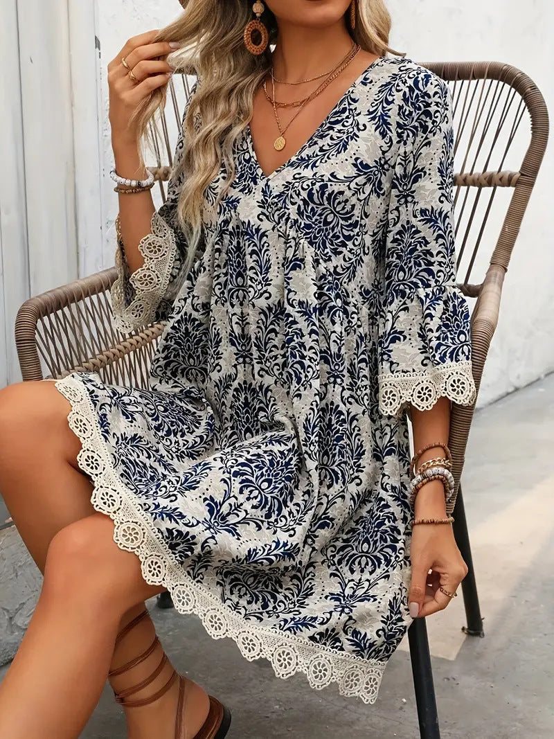 🌷🌷Lace Trim Printed V-Neck 3/4 Sleeve Dress（S-5XL）