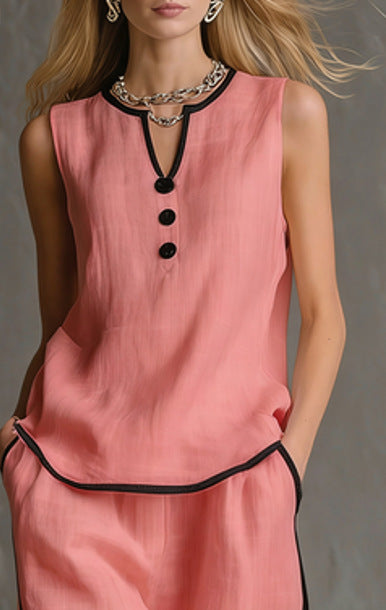Free Shipping-Cozy Black-trimmed Linen And Cotton Sleeveless Top And Pants Two-piece Set