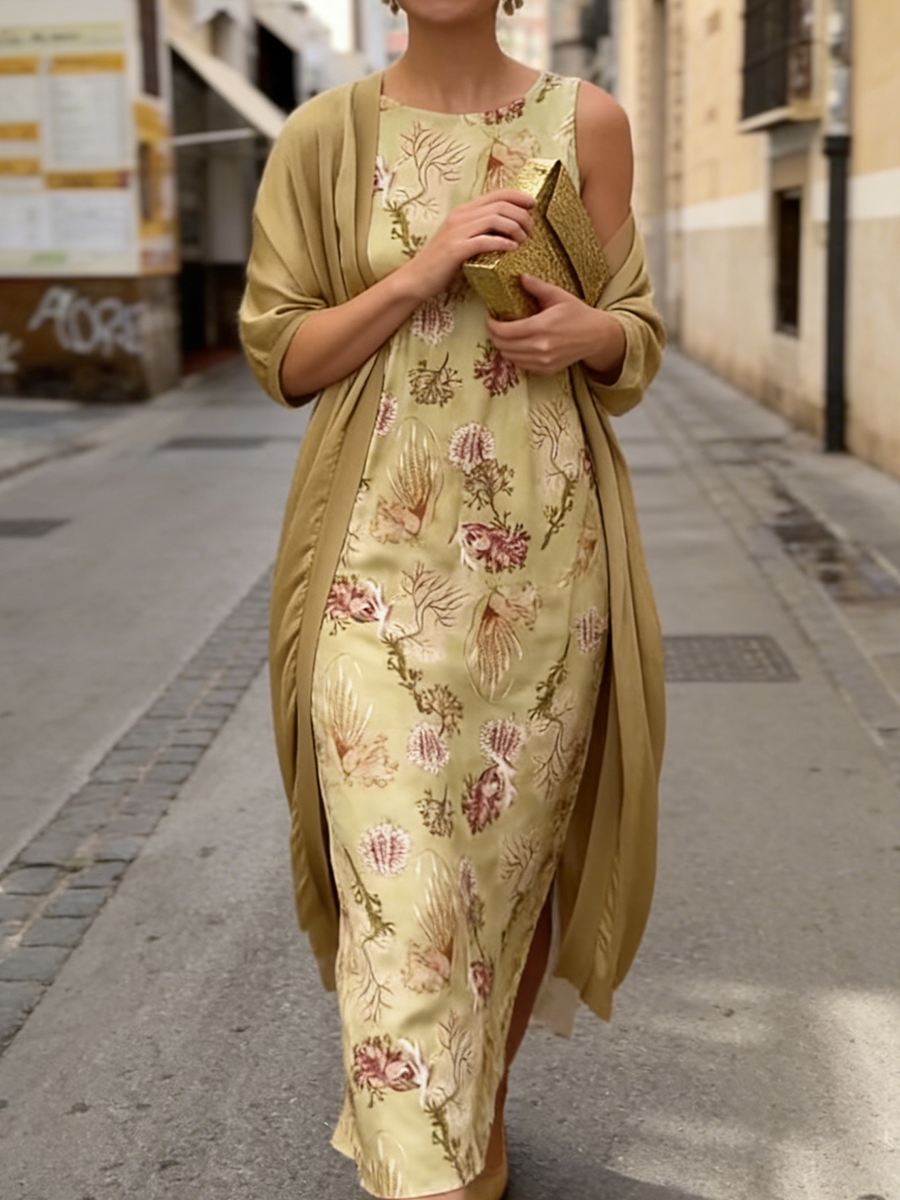 Summer Ocean — Coral Print Dress & Cardigan Two-piece Set