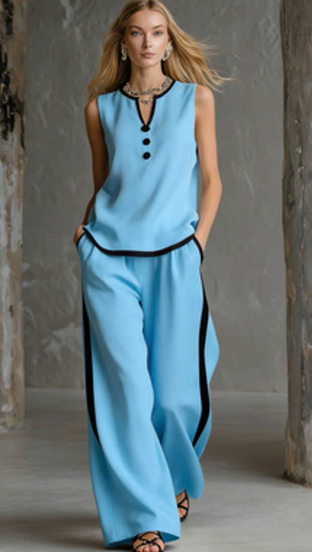 Free Shipping-Cozy Black-trimmed Linen And Cotton Sleeveless Top And Pants Two-piece Set