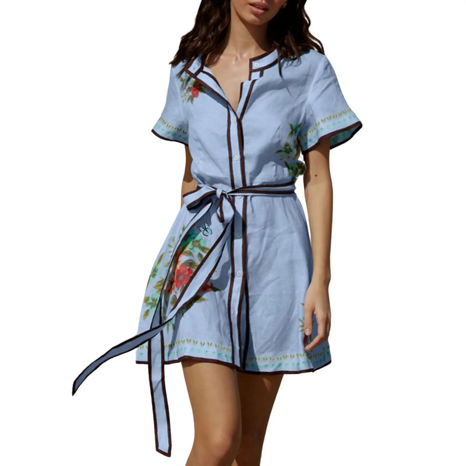 Women's Floral Linen Button Down Wrap Tie Knot Boho Beach Shirt Dress with Belt