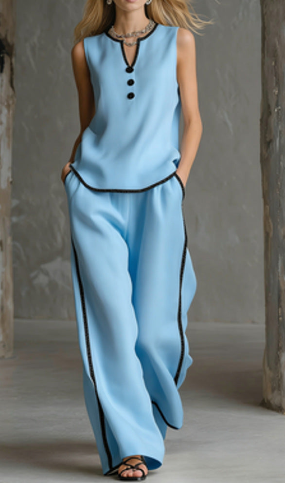 Free Shipping-Cozy Black-trimmed Linen And Cotton Sleeveless Top And Pants Two-piece Set