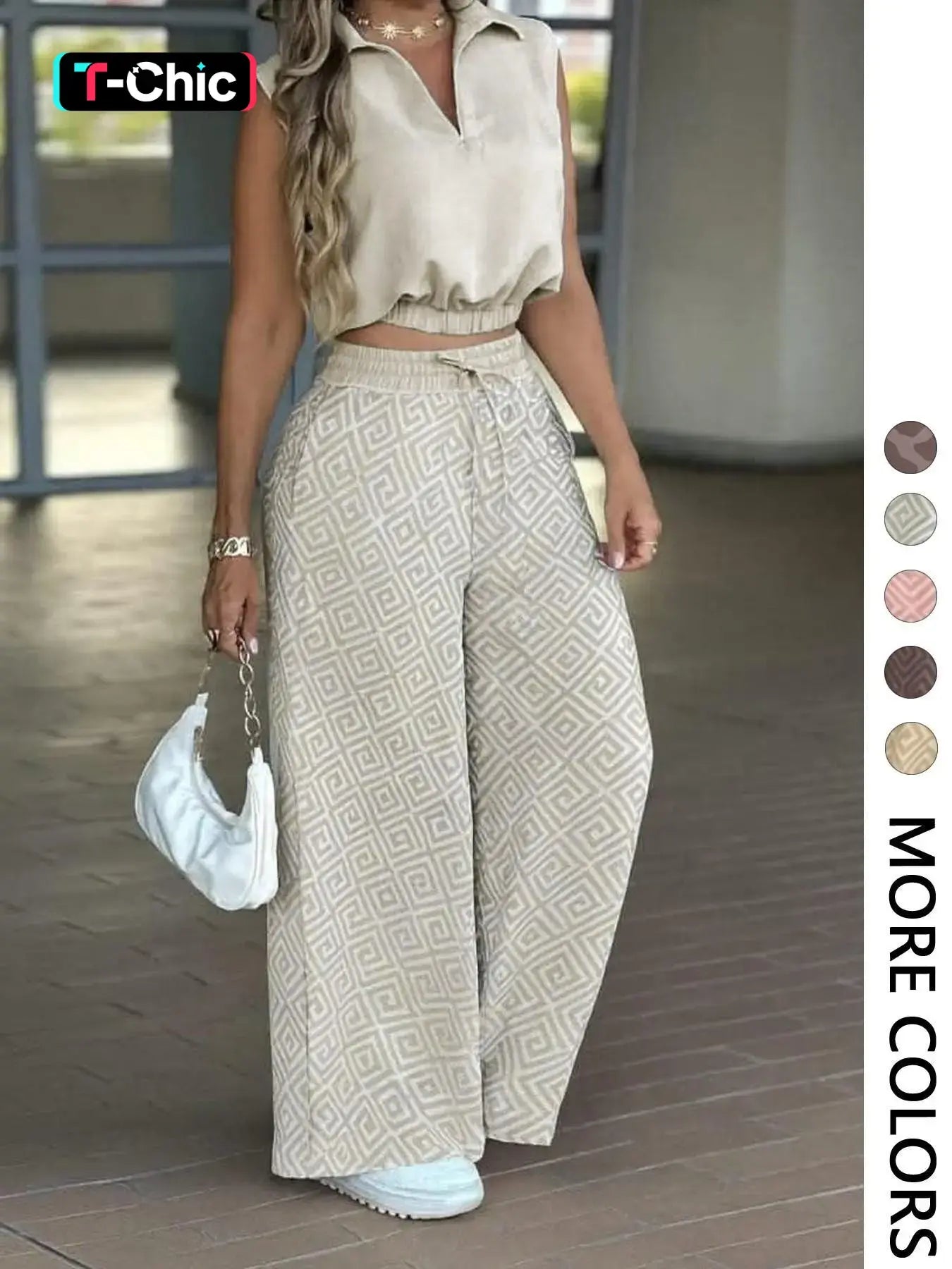 💝💝2-Piece Women's Casual Commuter Set, Womenswear Sleeveless Collared Waist-Defined Top with High-Waisted Drawstring Adjustable Wide-Leg Pants