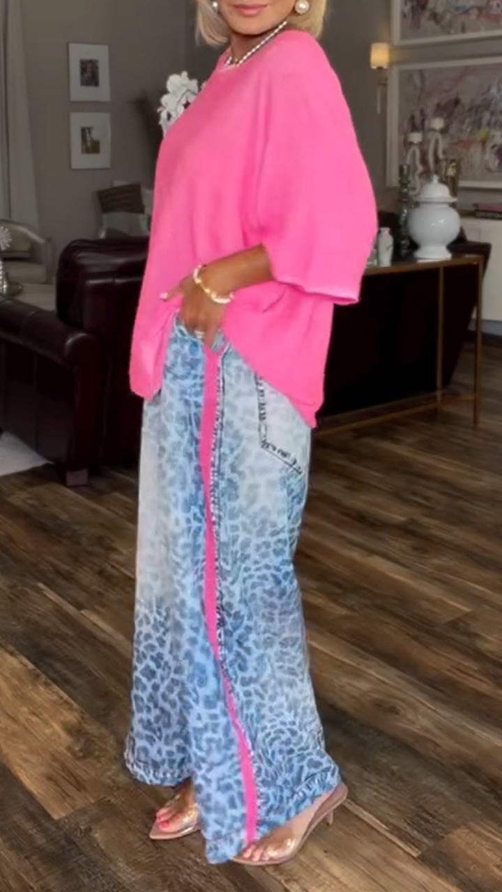 🎉🎉2026 Hot Sale - Womens Round Neck Solid Color Top+ Leopard Print Pants Casual Set