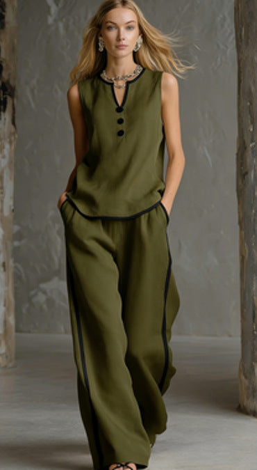 Free Shipping-Cozy Black-trimmed Linen And Cotton Sleeveless Top And Pants Two-piece Set
