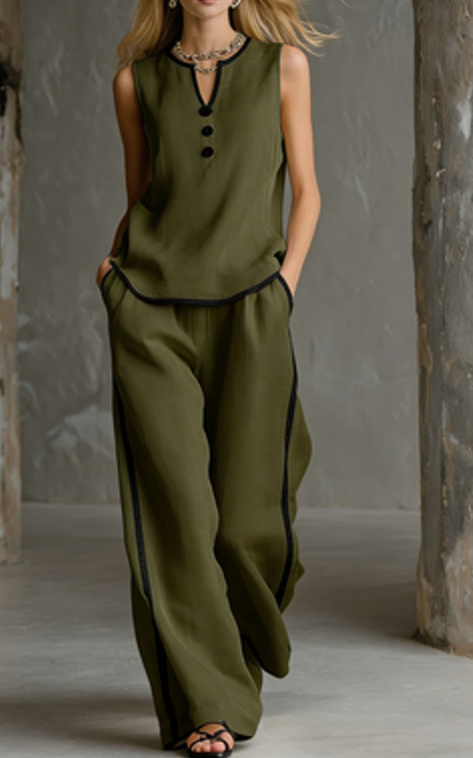 Free Shipping-Cozy Black-trimmed Linen And Cotton Sleeveless Top And Pants Two-piece Set