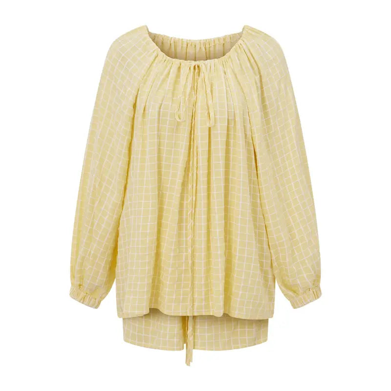💝💝Women Plaid Outfit, Long Sleeve Tie-up Crew Neck T-shirt with Elastic Waist Shorts Summer Outfit