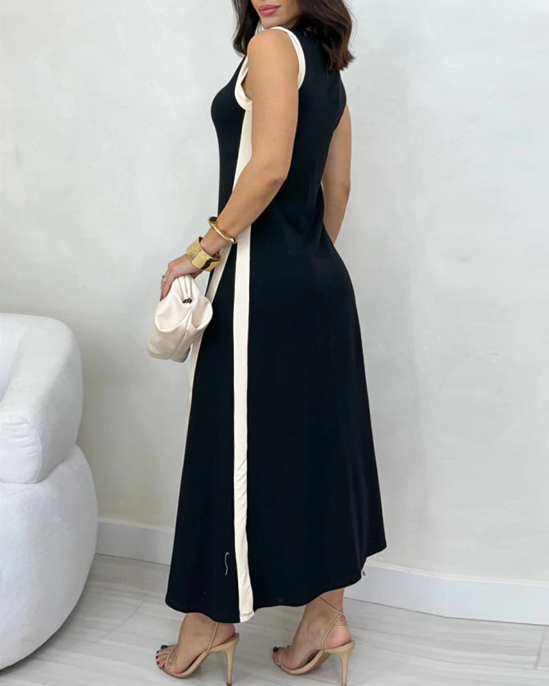🎨 Colorblock V-Neck Sleeveless A-Line Dress – Casual Loose Fit ✨👗