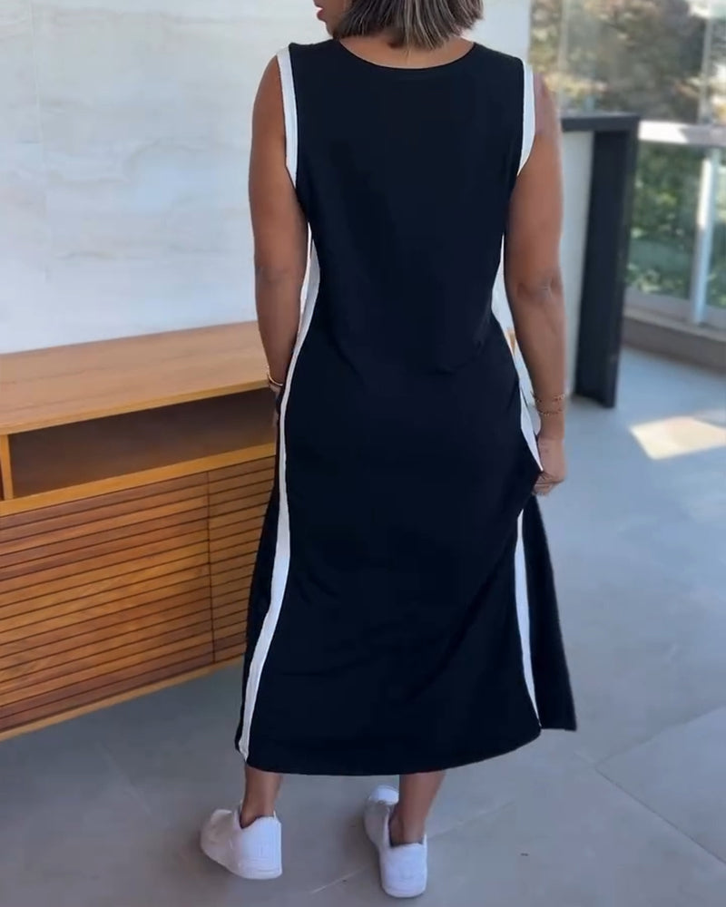 🎨 Colorblock V-Neck Sleeveless A-Line Dress – Casual Loose Fit ✨👗