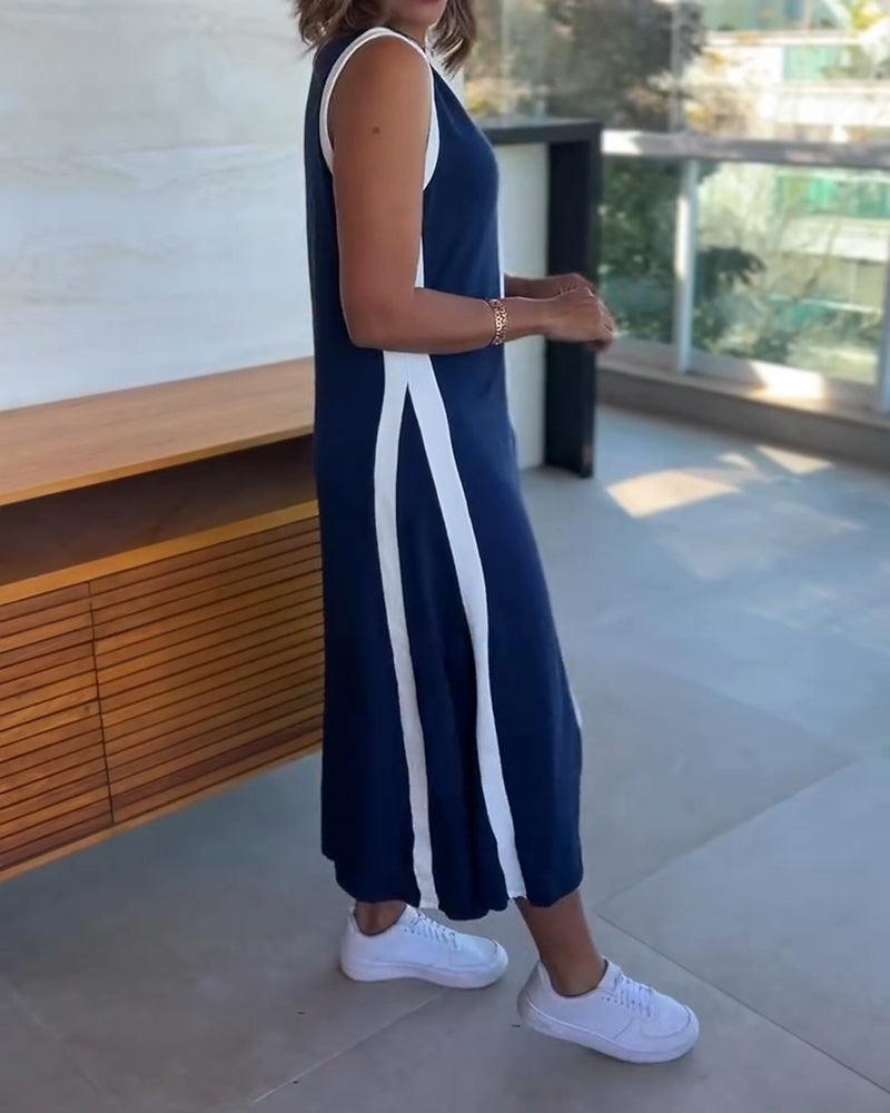 🎨 Colorblock V-Neck Sleeveless A-Line Dress – Casual Loose Fit ✨👗