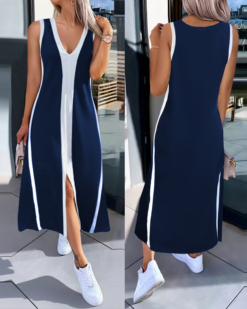 🎨 Colorblock V-Neck Sleeveless A-Line Dress – Casual Loose Fit ✨👗