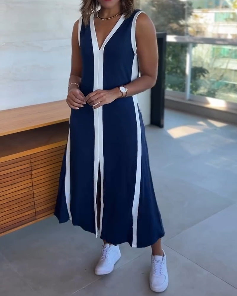 🎨 Colorblock V-Neck Sleeveless A-Line Dress – Casual Loose Fit ✨👗