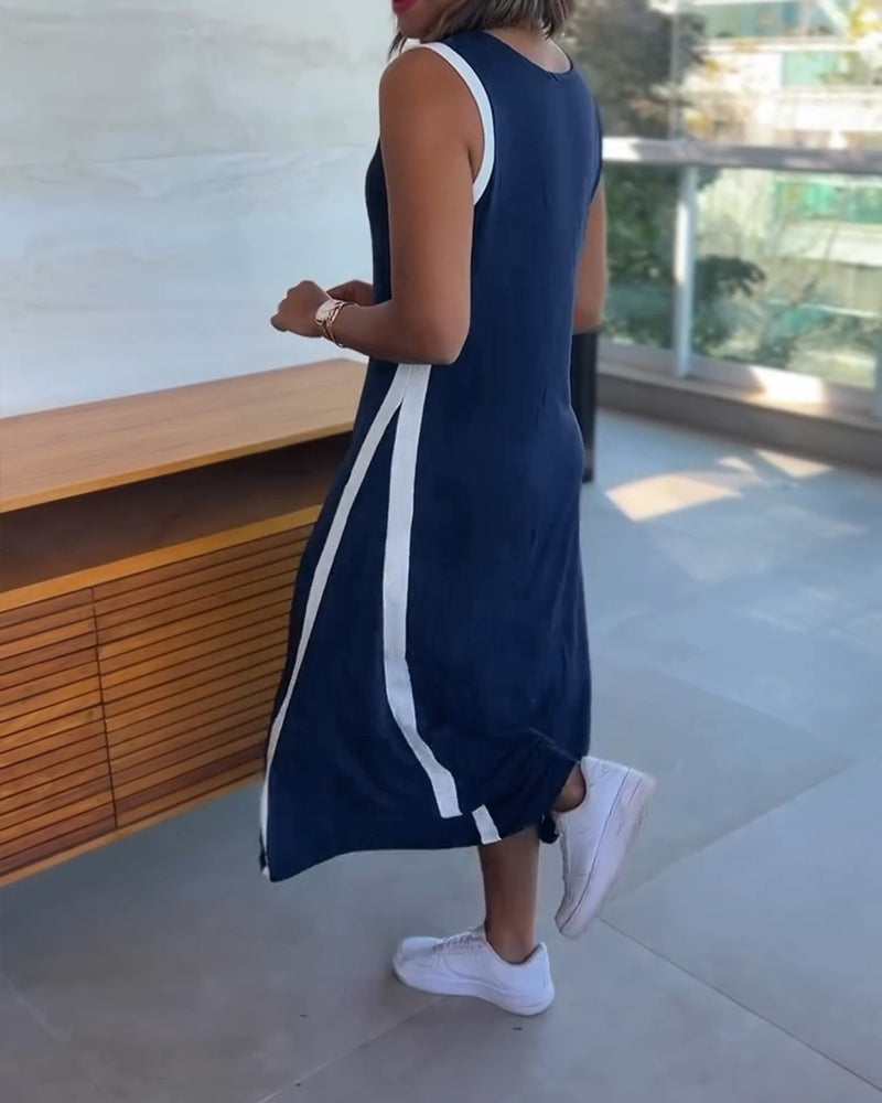 🎨 Colorblock V-Neck Sleeveless A-Line Dress – Casual Loose Fit ✨👗