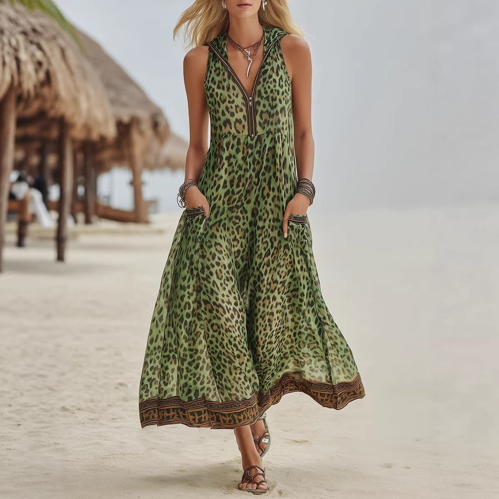 🌷🌷Women's Retro Casual Green Leopard Print Art Hooded Midi Dress