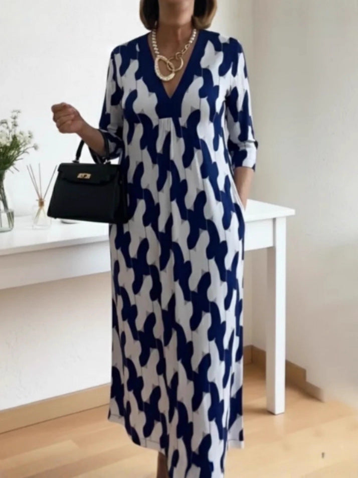Elegant Art Print Color Block Trim V-neck Midi Dress