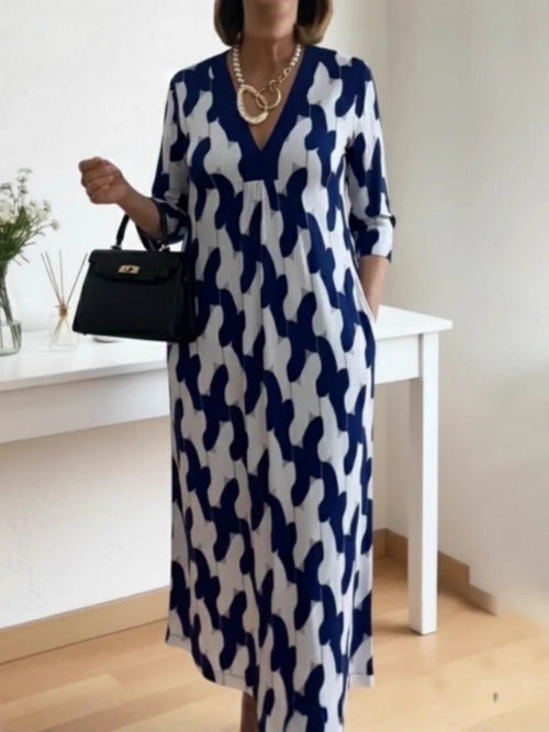 Elegant Art Print Color Block Trim V-neck Midi Dress