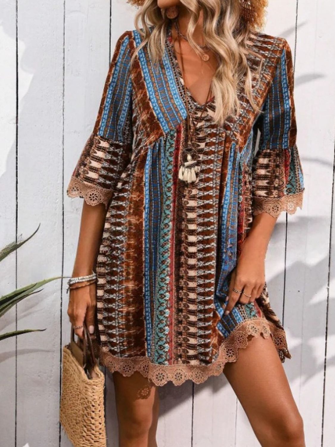 🌷🌷Lace Trim Printed V-Neck 3/4 Sleeve Dress（S-5XL）