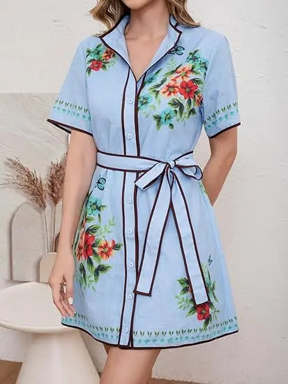 Women's Floral Linen Button Down Wrap Tie Knot Boho Beach Shirt Dress with Belt