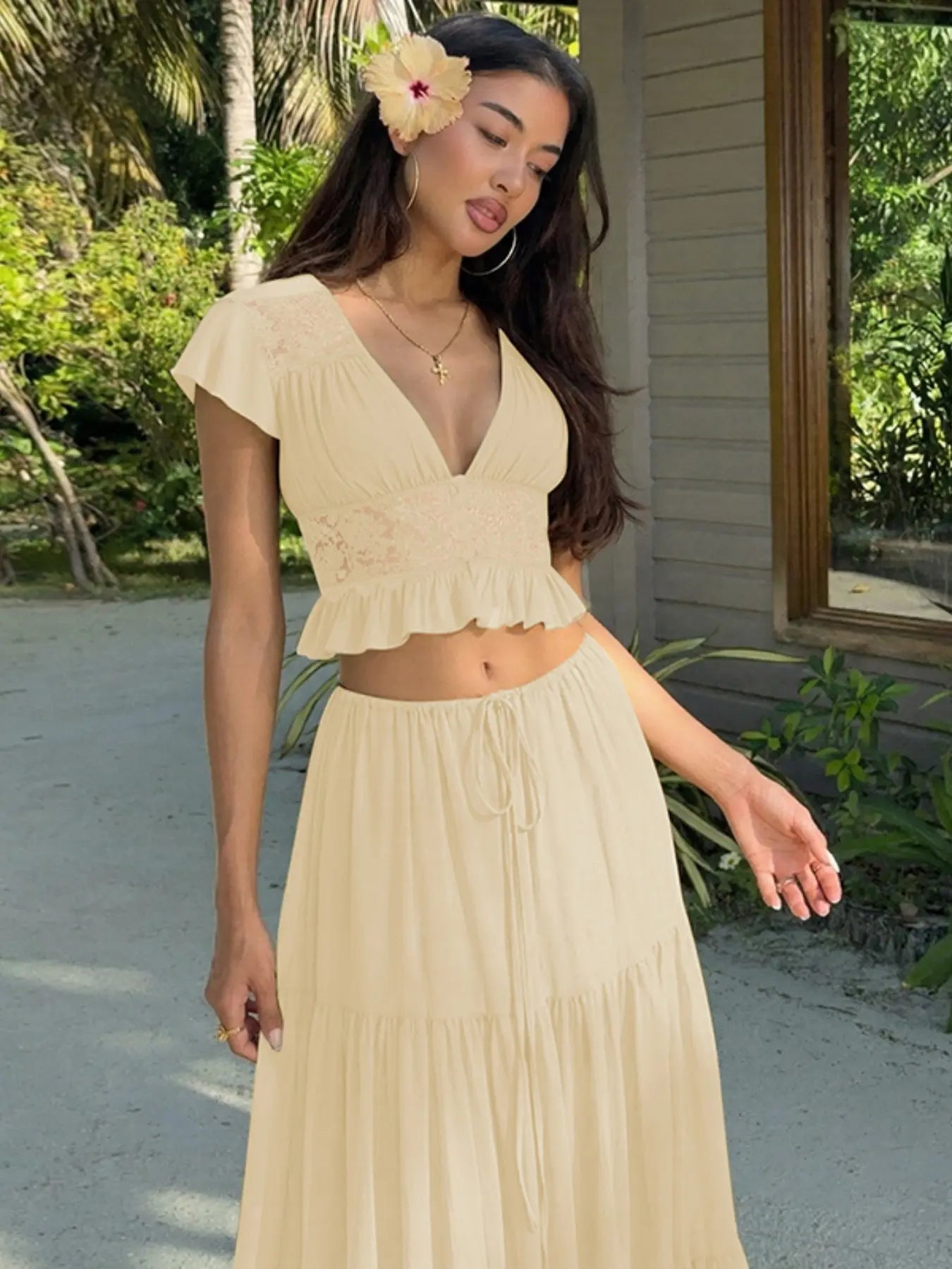 ☀️👗 Women’s Summer 2-Piece Set – V-Neck Top & Long Skirt