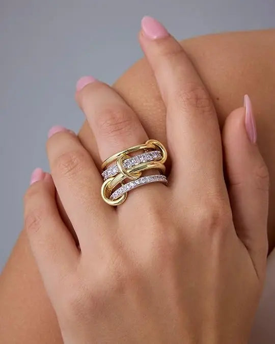 💝💝PAVOI 14K Gold Plated Interlocked Stackable Statement Ring for Women – Chunky Multi-Band Double & Triple Ring, Two-Tone Mixed Metals with Cubic Zirconia