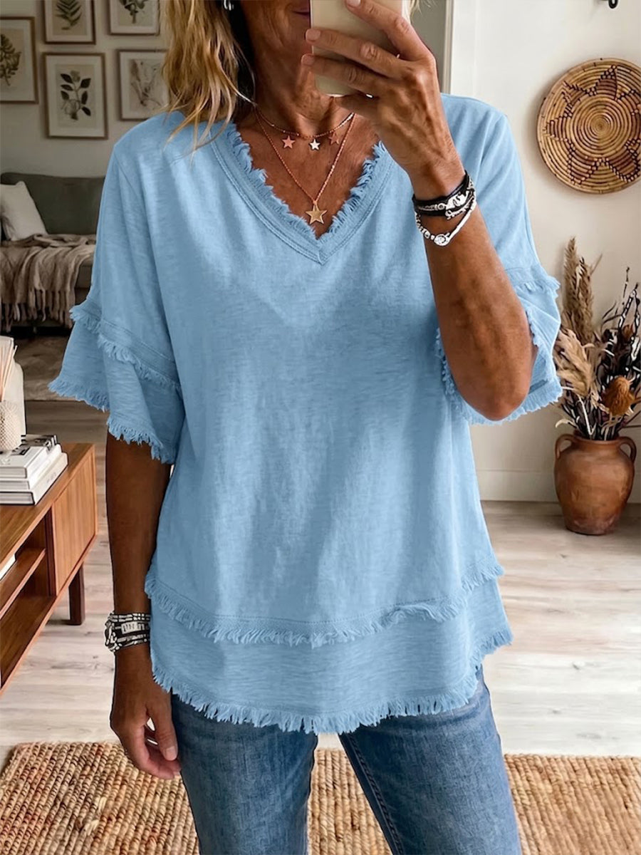 🌷Vintage Frayed V-Neck Linen Top