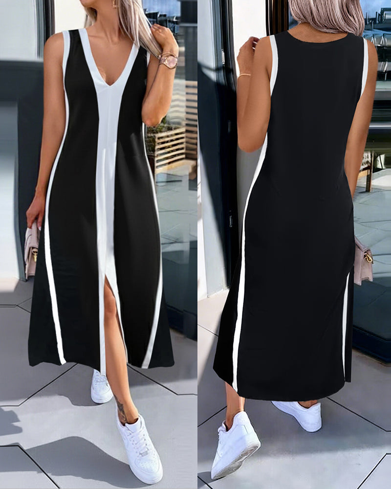 🎨 Colorblock V-Neck Sleeveless A-Line Dress – Casual Loose Fit ✨👗