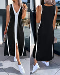 🎨 Colorblock V-Neck Sleeveless A-Line Dress – Casual Loose Fit ✨👗