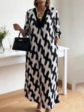 Elegant Art Print Color Block Trim V-neck Midi Dress
