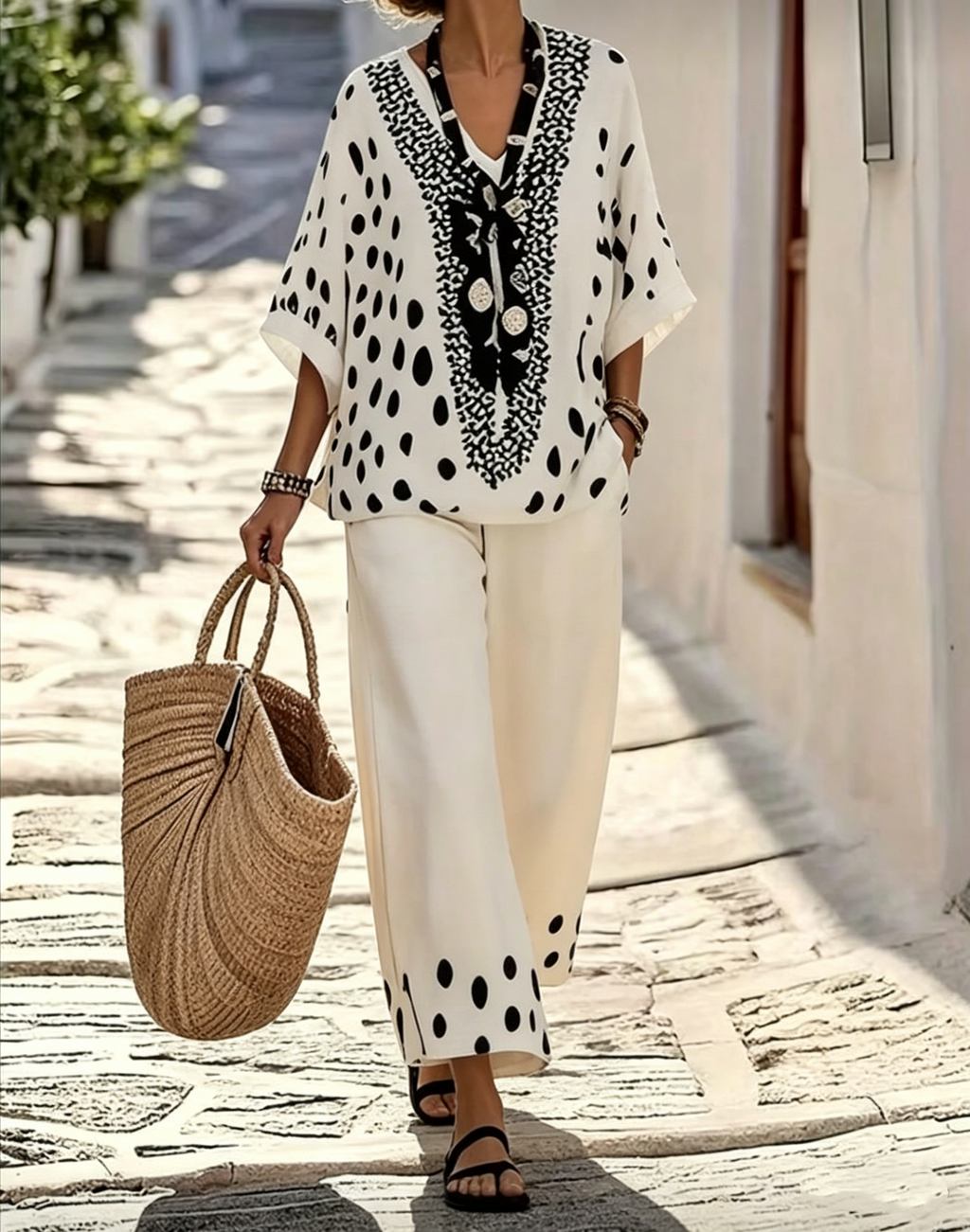 Women's Retro Polka Dot Print Casual Cotton-linen Two-piece Set