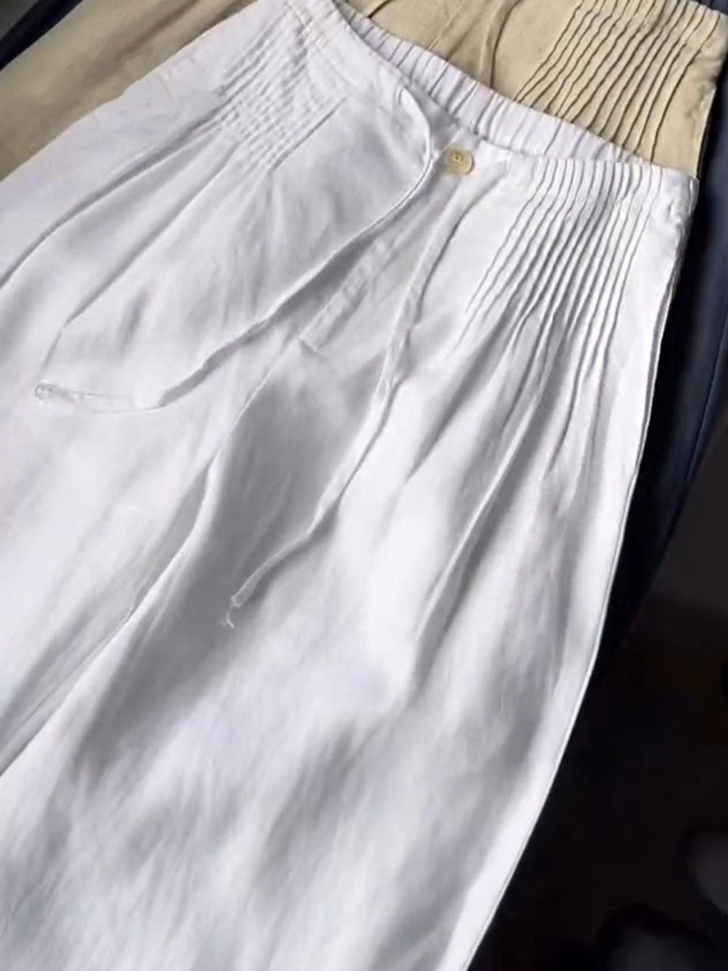 🔥 Solid Color Cotton Linen Wide-Leg Pants 👖🌿 Pleated Loose Style
