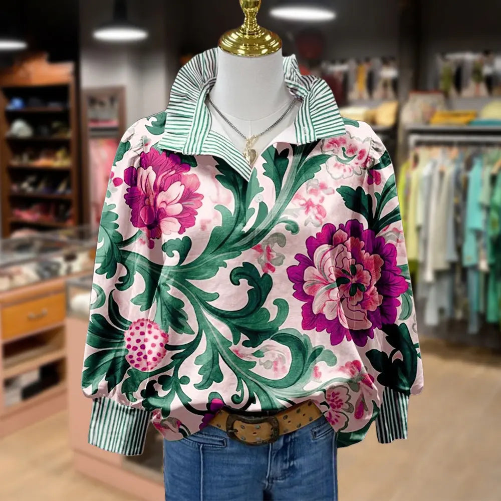 💝💝Cherrybetty Women's Vintage Floral Print Striped Collar Top Going Outfits Blouses 90s Tops Funny Shirts Women Elegant Classy Tops Blouse Classyoutfit Women cute summer outfit boho Casual Style cute summer outfit women's summer outfits